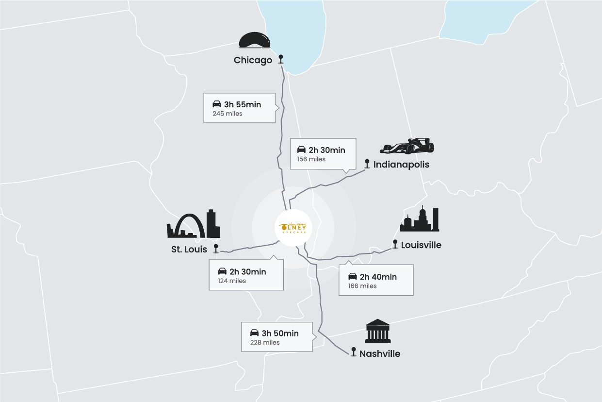 Olney EyeCare Illinois map with surrounding cities.