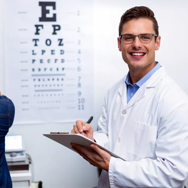 Young optometrist working on a chart.